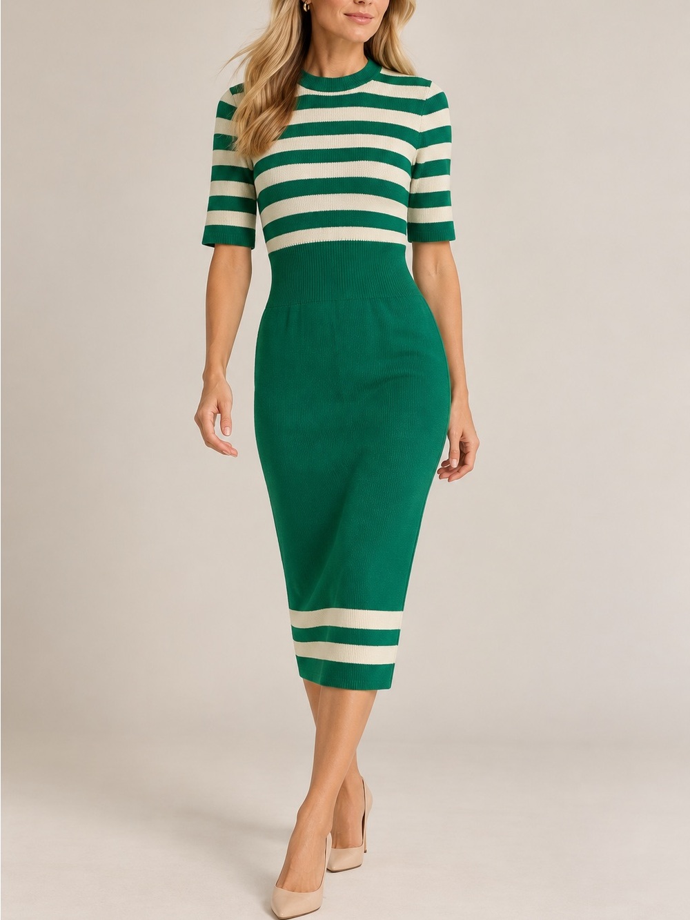 St. John Green Cream Striped Knit Midi Dress S Mock Neck